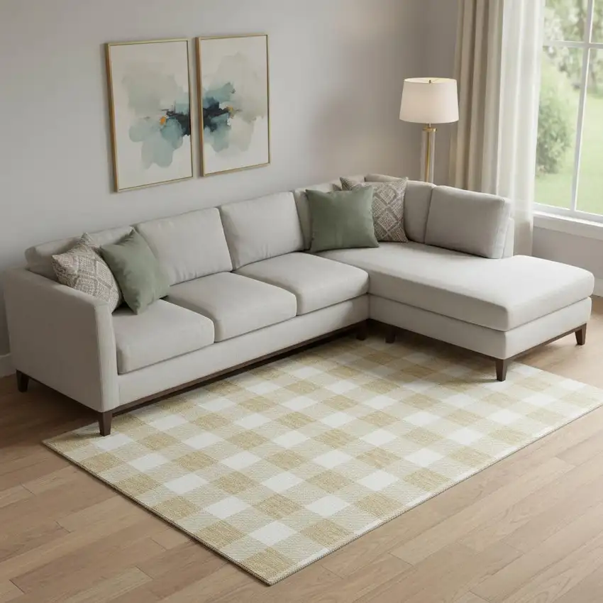 Gold And Ivory Plaid Washable Area Rug With UV Protection Photo 1