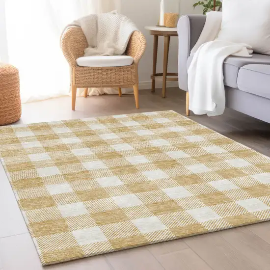 Gold And Ivory Plaid Washable Area Rug With UV Protection Photo 3