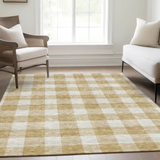 Gold And Ivory Plaid Washable Area Rug With UV Protection Photo 4
