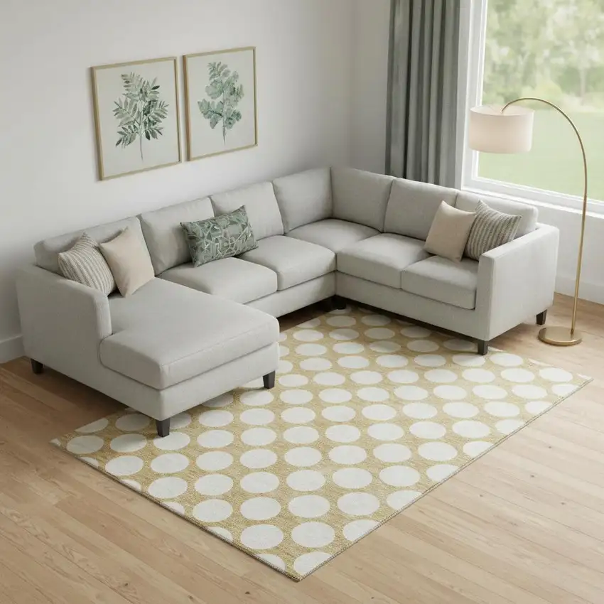 Gold And Ivory Polka Dot Washable Area Rug With UV Protection Photo 1