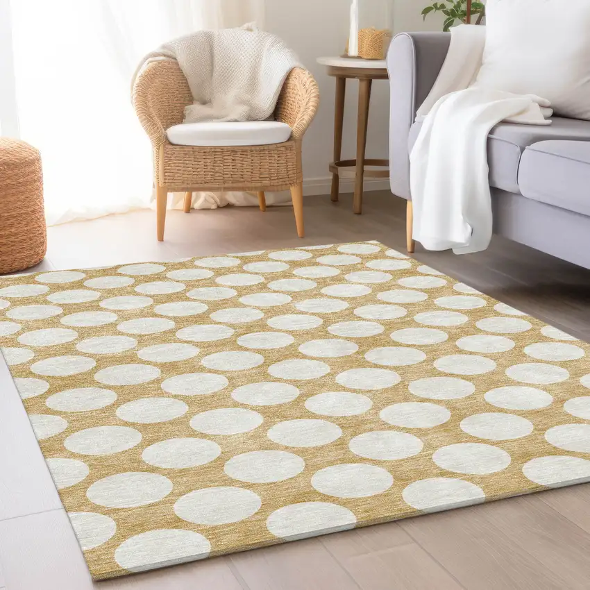 Gold And Ivory Polka Dot Washable Area Rug With UV Protection Photo 5