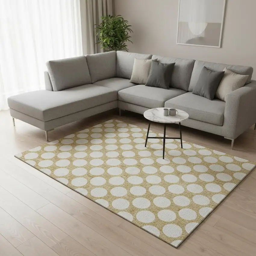 Gold And Ivory Polka Dot Washable Area Rug With UV Protection Photo 2