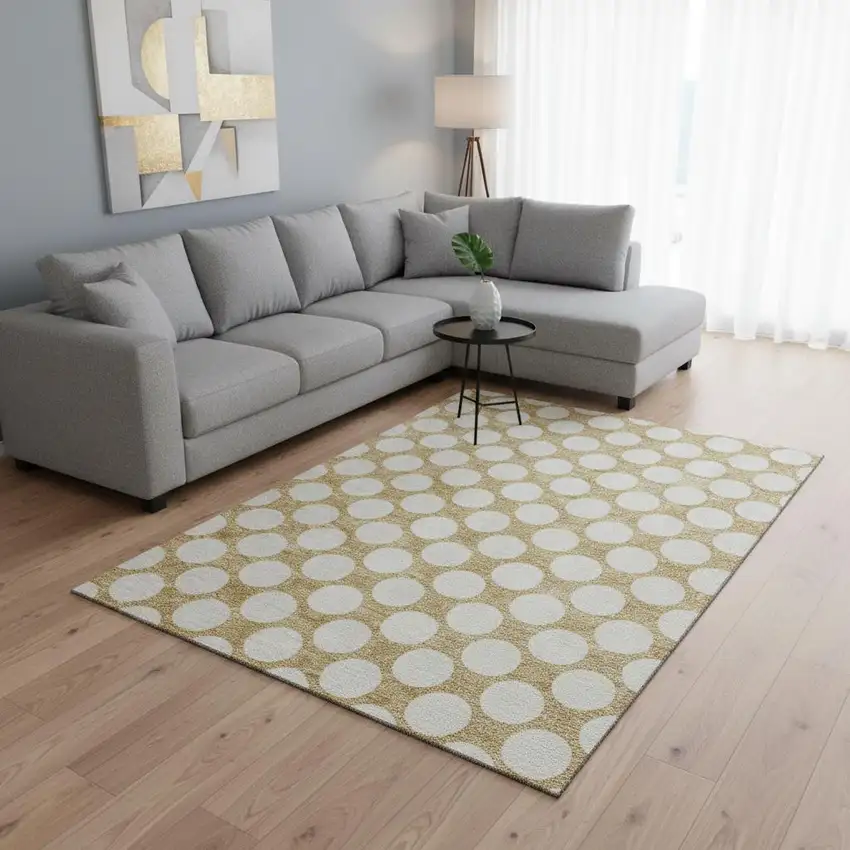 Gold And Ivory Polka Dot Washable Area Rug With UV Protection Photo 2