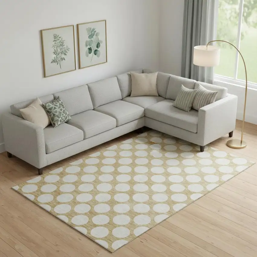 Gold And Ivory Polka Dot Washable Area Rug With UV Protection Photo 1