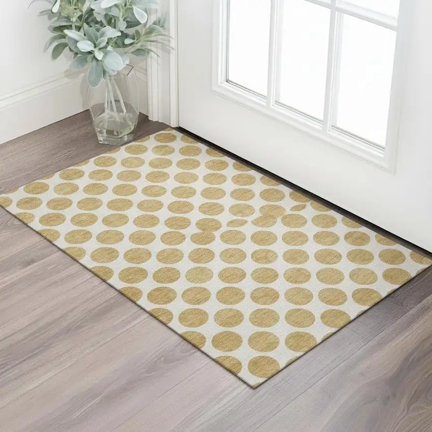 Gold And Ivory Polka Dot Washable Area Rug With UV Protection Photo 2