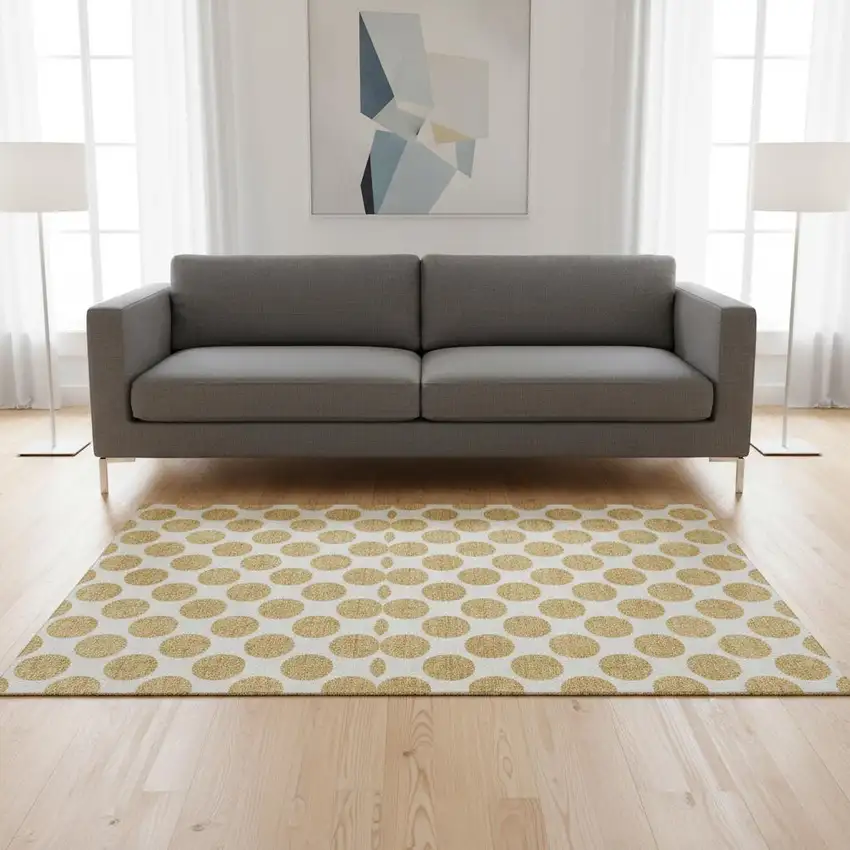 Gold And Ivory Polka Dot Washable Area Rug With UV Protection Photo 2