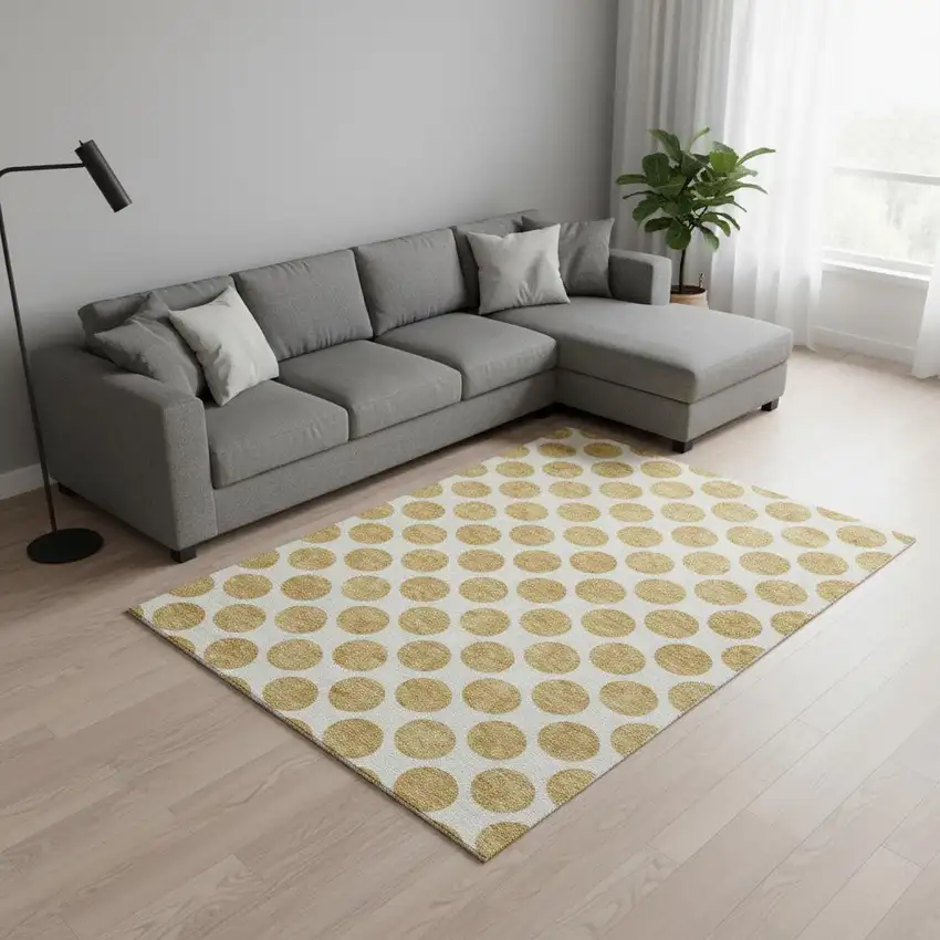 Gold And Ivory Polka Dot Washable Area Rug With UV Protection Photo 2