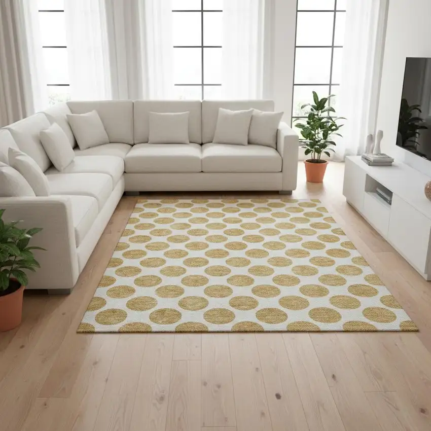 Gold And Ivory Polka Dot Washable Area Rug With UV Protection Photo 2