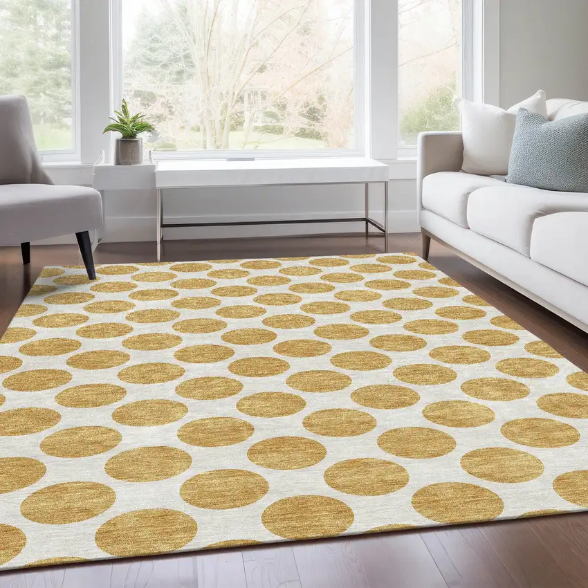 Gold And Ivory Polka Dot Washable Area Rug With UV Protection Photo 4