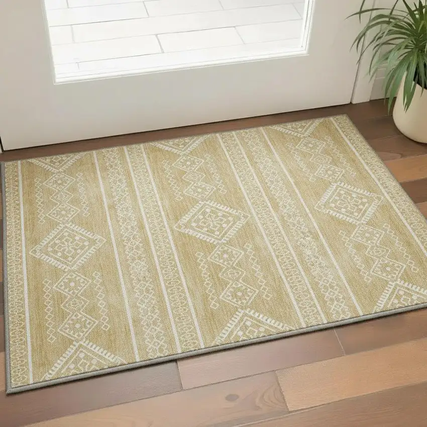 Gold And Ivory Southwestern Washable Area Rug With UV Protection Photo 2