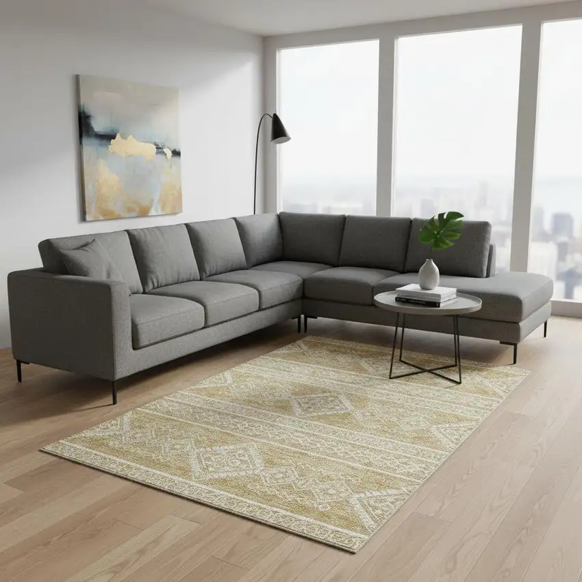 Gold And Ivory Southwestern Washable Area Rug With UV Protection Photo 2