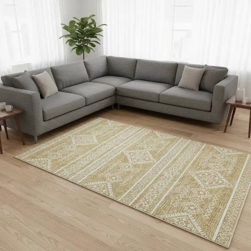 Gold And Ivory Southwestern Washable Area Rug With UV Protection Photo 2