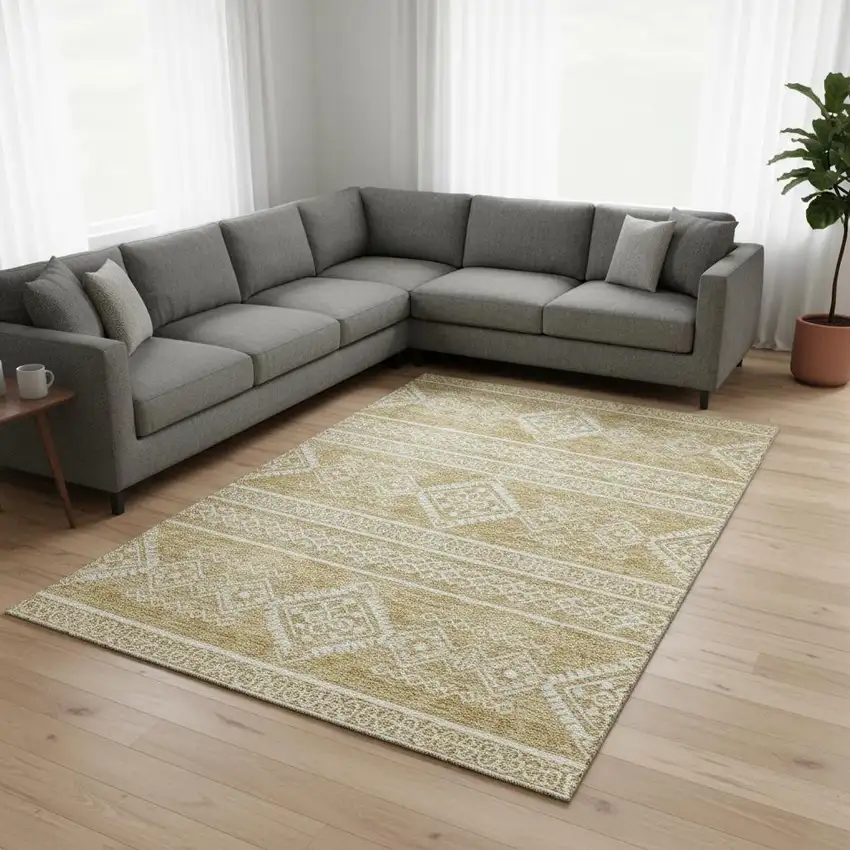 Gold And Ivory Southwestern Washable Area Rug With UV Protection Photo 2