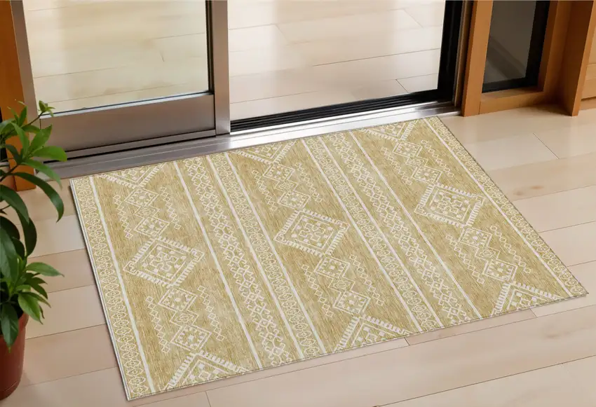 Gold And Ivory Southwestern Washable Indoor Outdoor Area Rug Photo 1