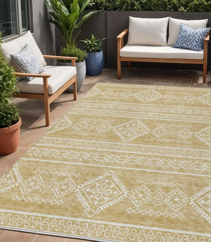 Gold And Ivory Southwestern Washable Indoor Outdoor Area Rug Photo 1