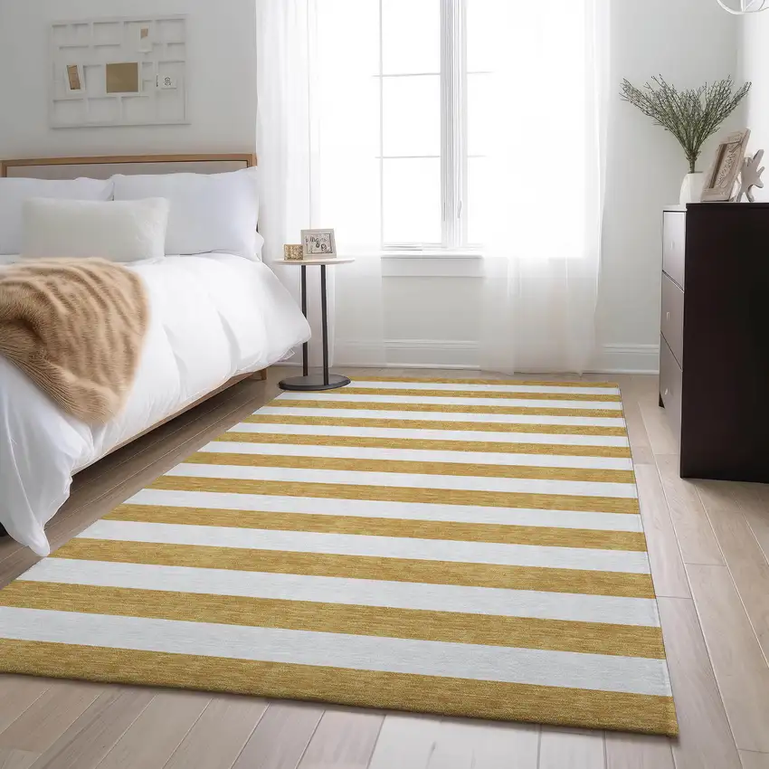 Gold And Ivory Striped Washable Area Rug With UV Protection Photo 4
