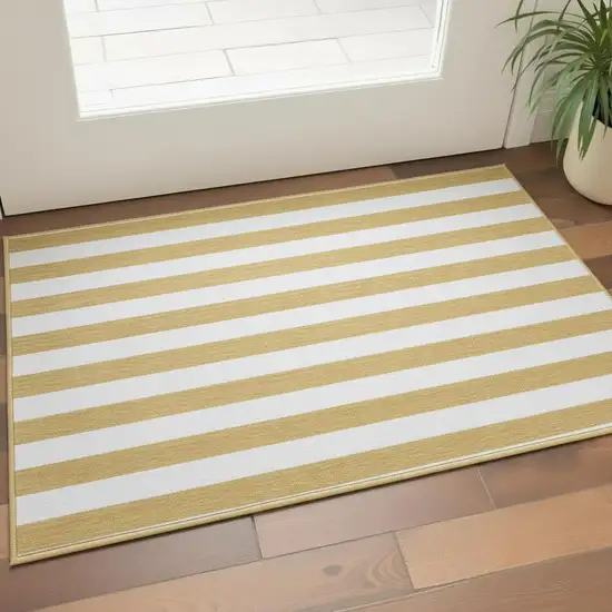 Gold And Ivory Striped Washable Area Rug With UV Protection Photo 2