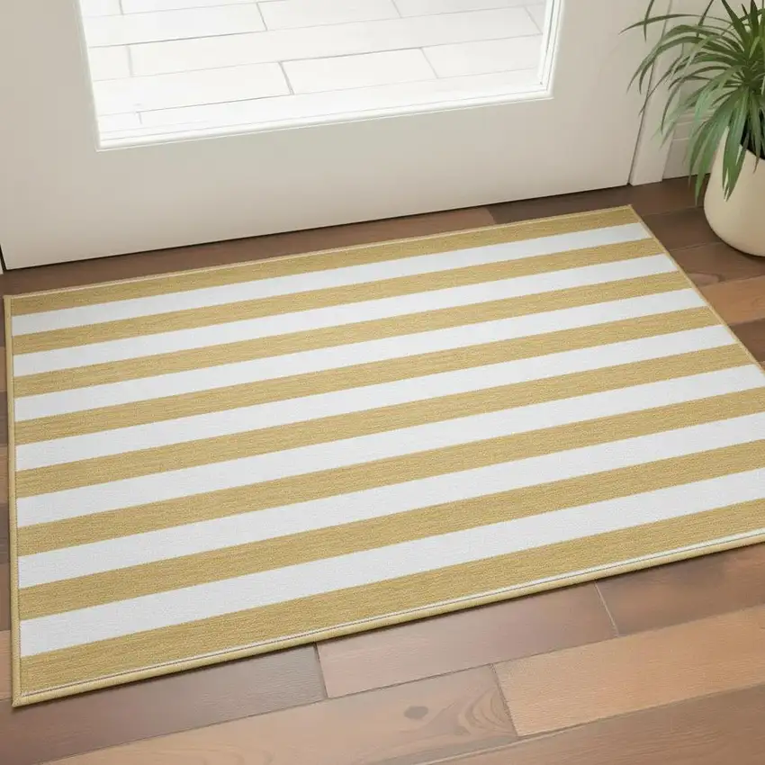 Gold And Ivory Striped Washable Area Rug With UV Protection Photo 2