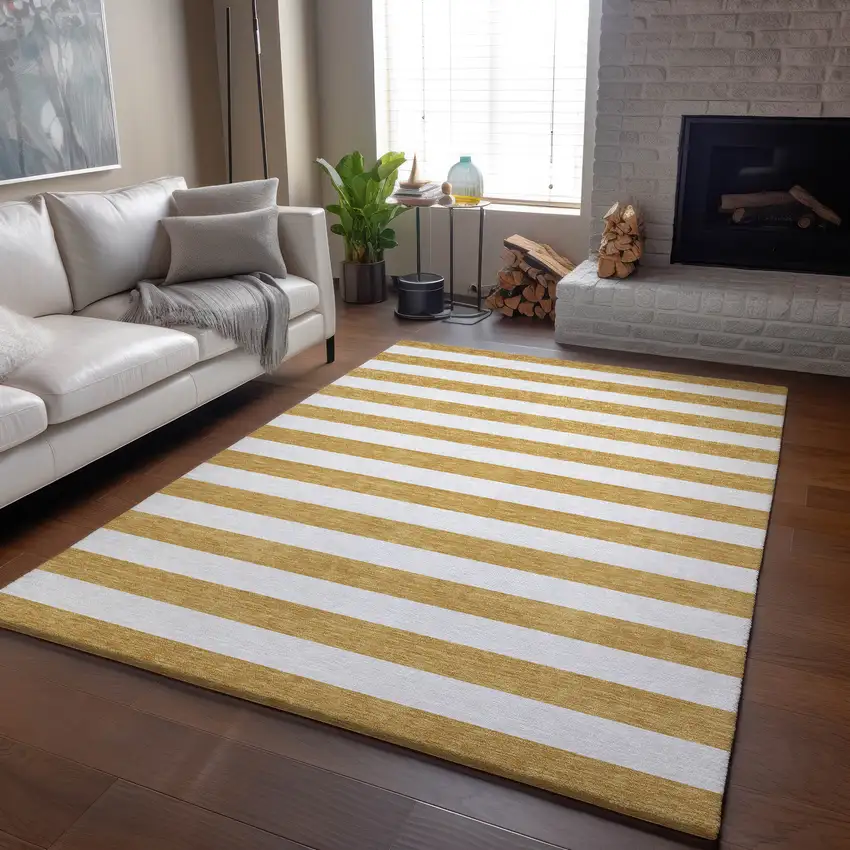 Gold And Ivory Striped Washable Area Rug With UV Protection Photo 5