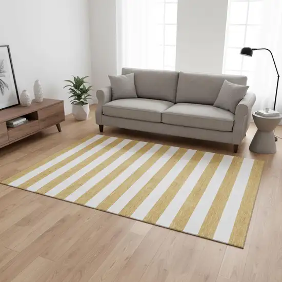 Gold And Ivory Striped Washable Area Rug With UV Protection Photo 2