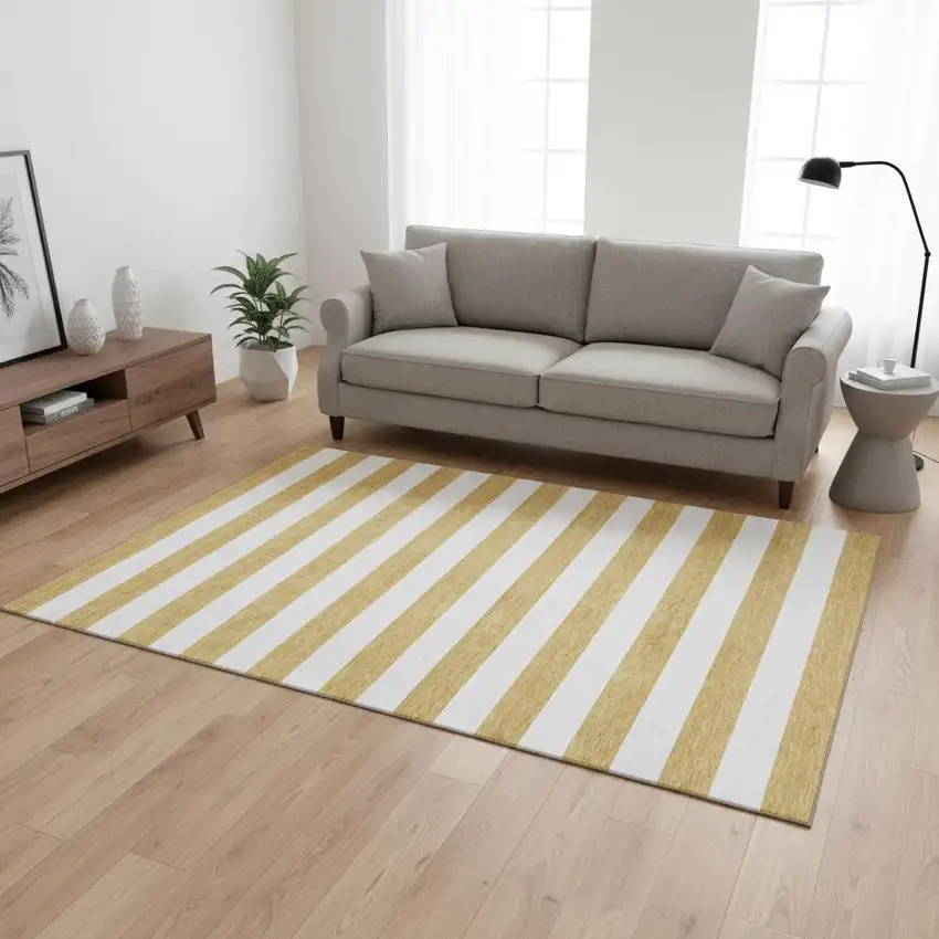 Gold And Ivory Striped Washable Area Rug With UV Protection Photo 2