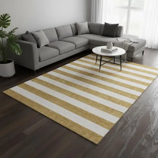 Gold And Ivory Striped Washable Area Rug With UV Protection Photo 3