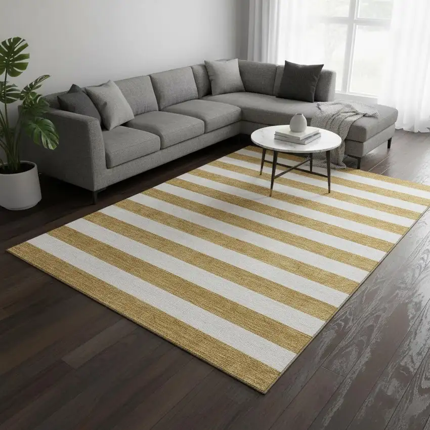 Gold And Ivory Striped Washable Area Rug With UV Protection Photo 3