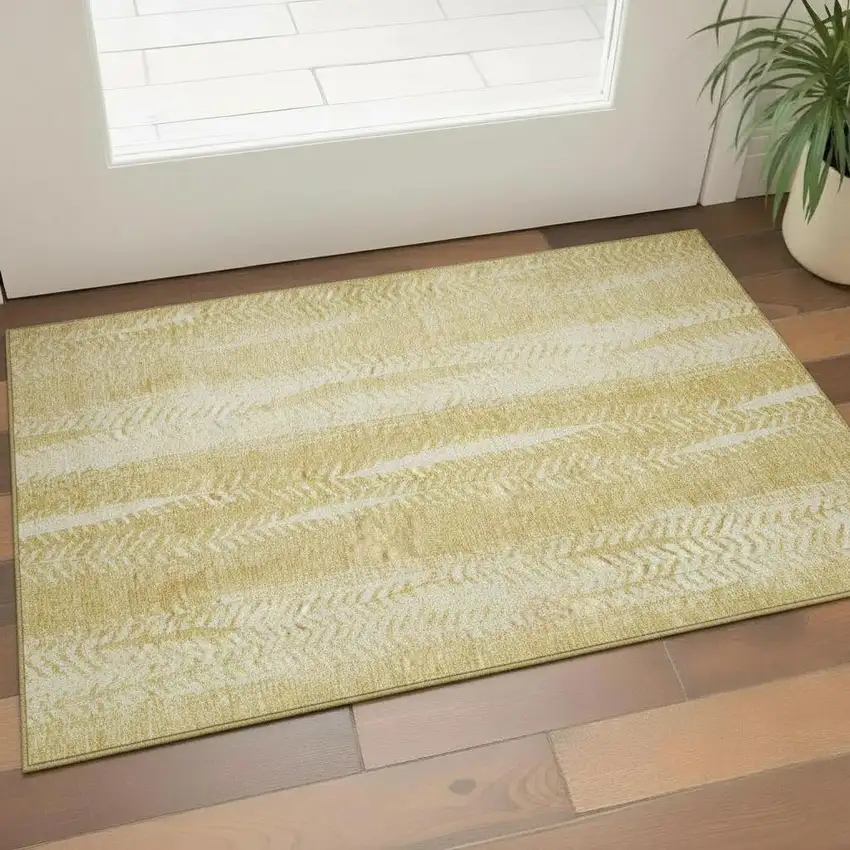 Gold And Ivory Striped Washable Area Rug With UV Protection Photo 1
