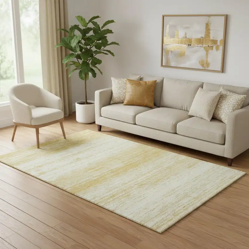 Gold And Ivory Striped Washable Area Rug With UV Protection Photo 1
