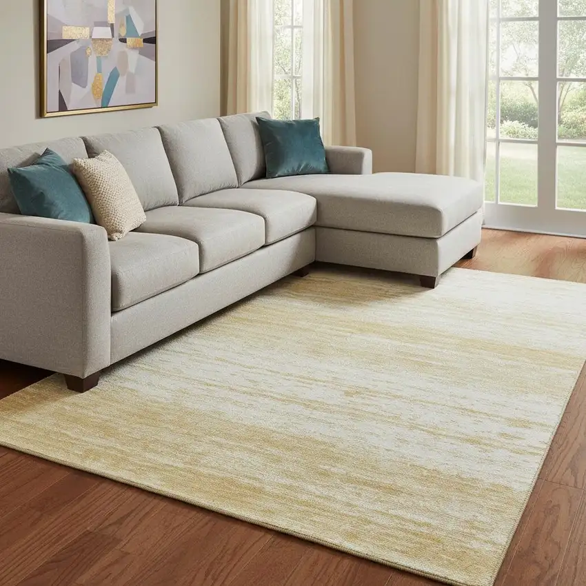 Gold And Ivory Striped Washable Area Rug With UV Protection Photo 1