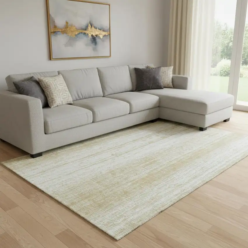 Gold And Ivory Striped Washable Area Rug With UV Protection Photo 1