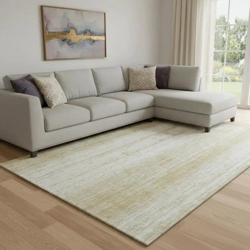 Gold And Ivory Striped Washable Area Rug With UV Protection Photo 1