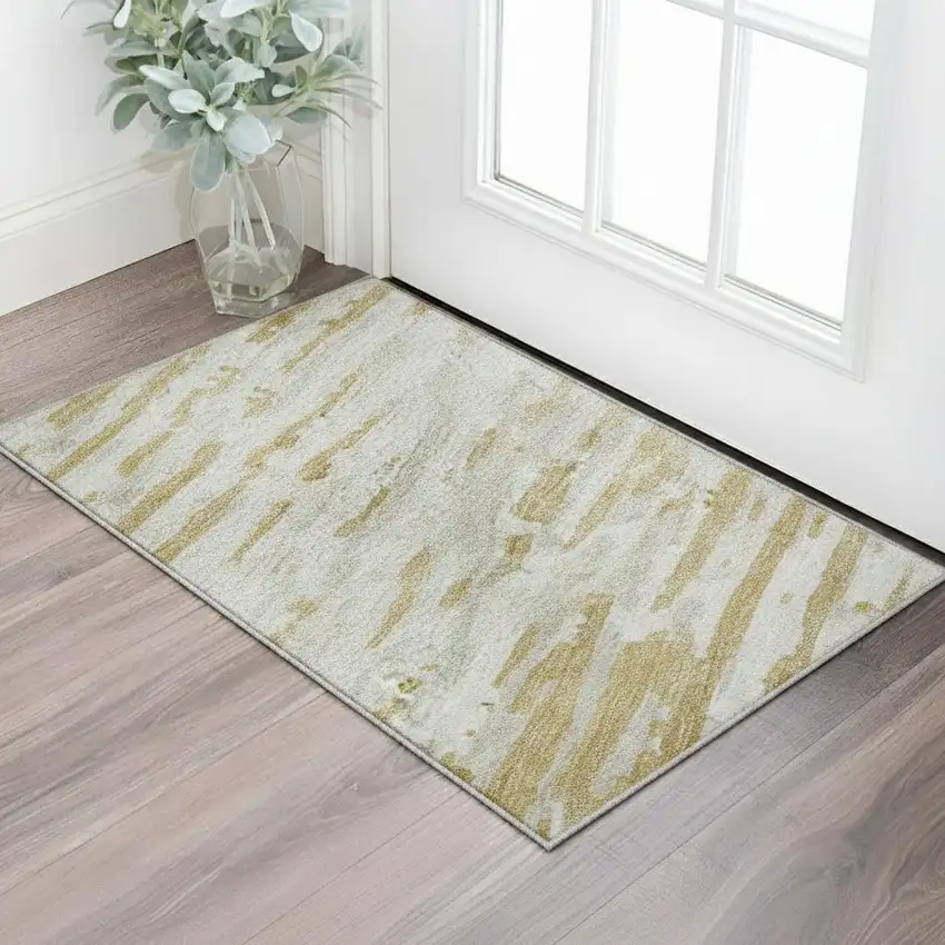 Gold And Ivory Striped Washable Area Rug With UV Protection Photo 2