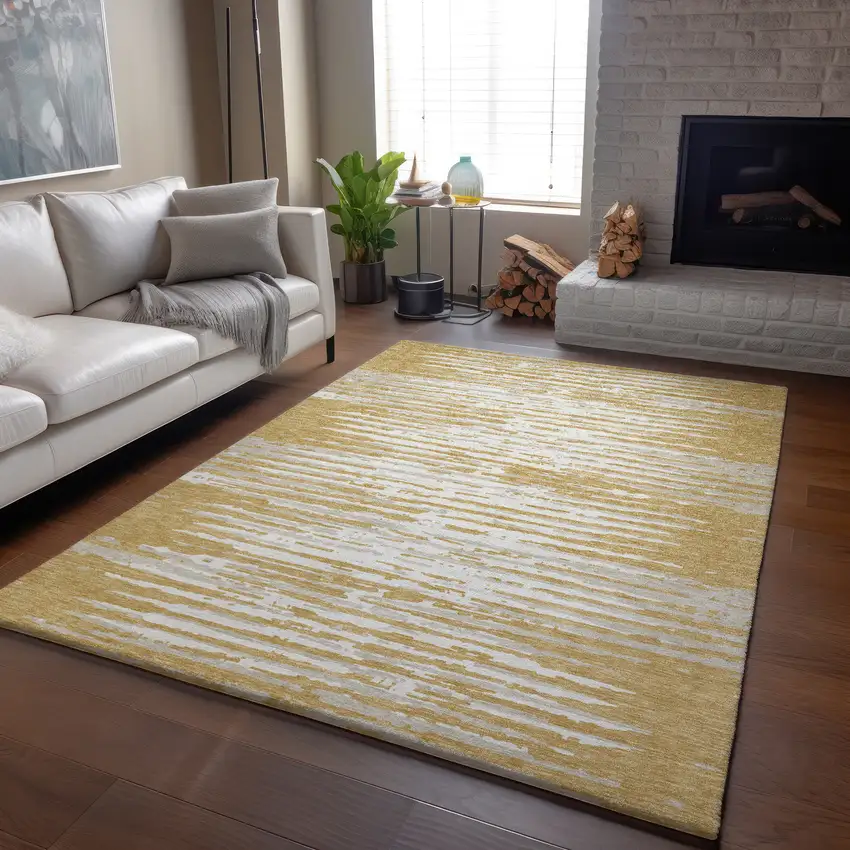 Gold And Ivory Striped Washable Area Rug With UV Protection Photo 5