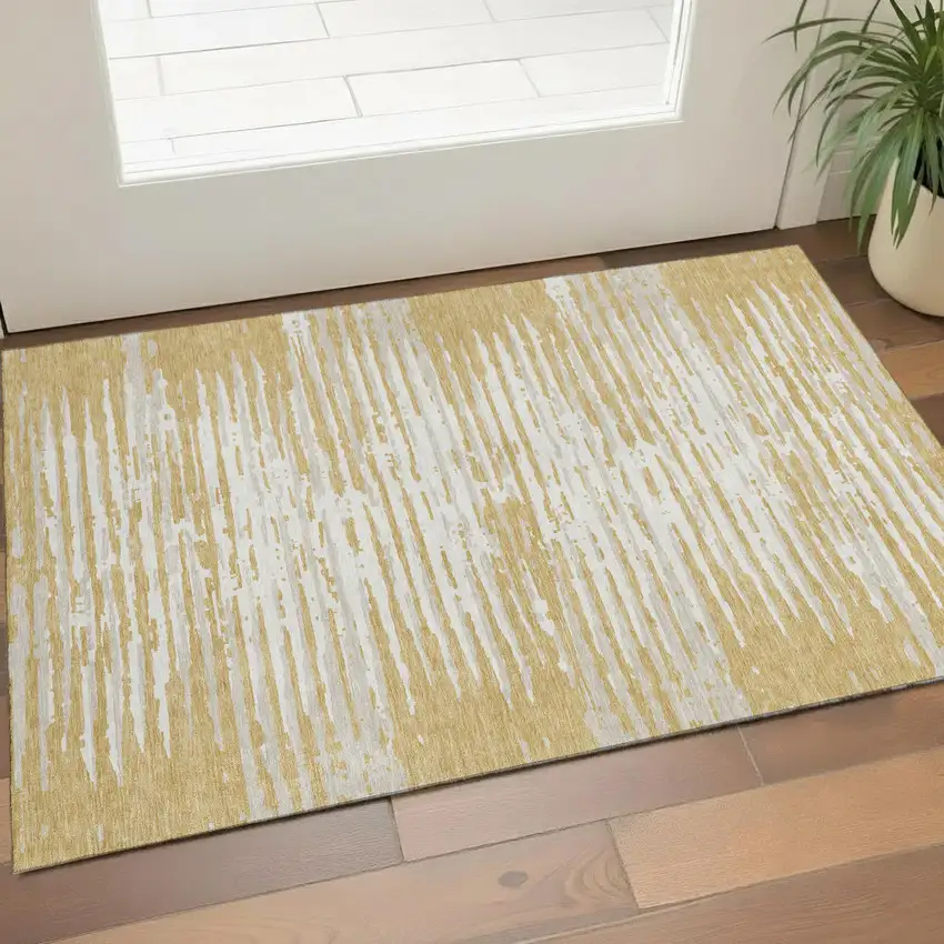 Gold And Ivory Striped Washable Area Rug With UV Protection Photo 1