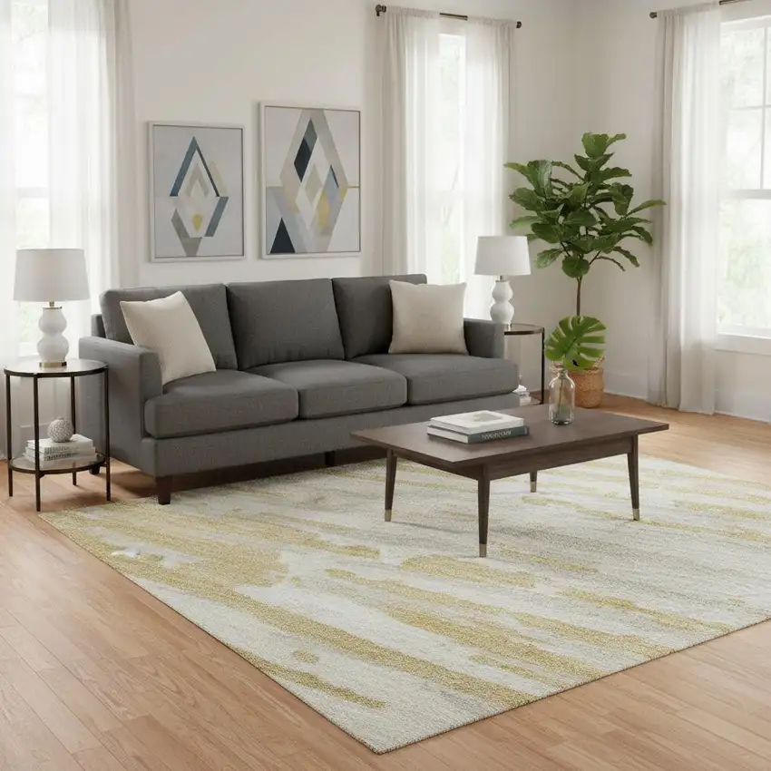 Gold And Ivory Striped Washable Area Rug With UV Protection Photo 2