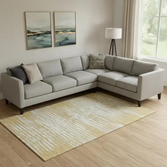 Gold And Ivory Striped Washable Area Rug With UV Protection Photo 1