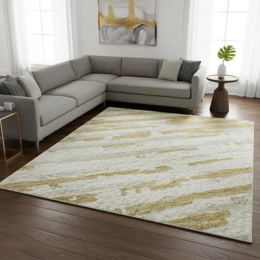 Gold And Ivory Striped Washable Area Rug With UV Protection Photo 2