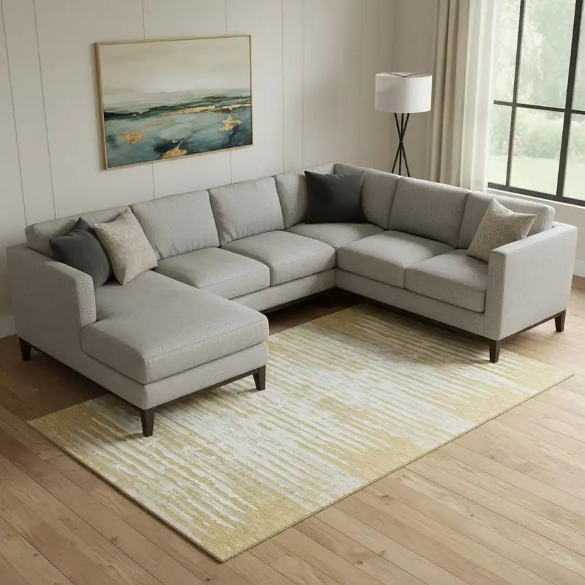 Gold And Ivory Striped Washable Area Rug With UV Protection Photo 1