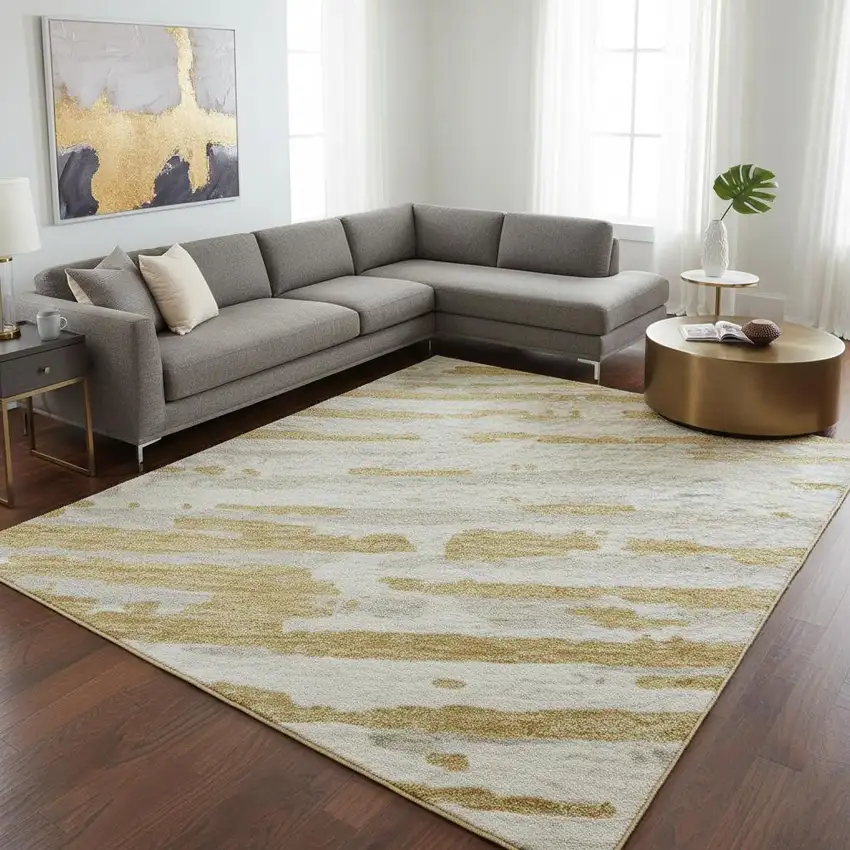 Gold And Ivory Striped Washable Area Rug With UV Protection Photo 2
