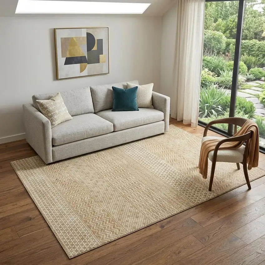 Gold And Ivory Striped Washable Area Rug With UV Protection Photo 1