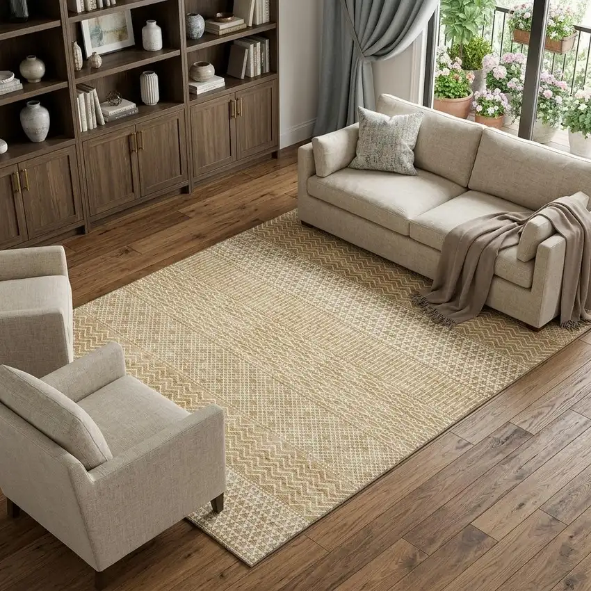Gold And Ivory Striped Washable Area Rug With UV Protection Photo 1