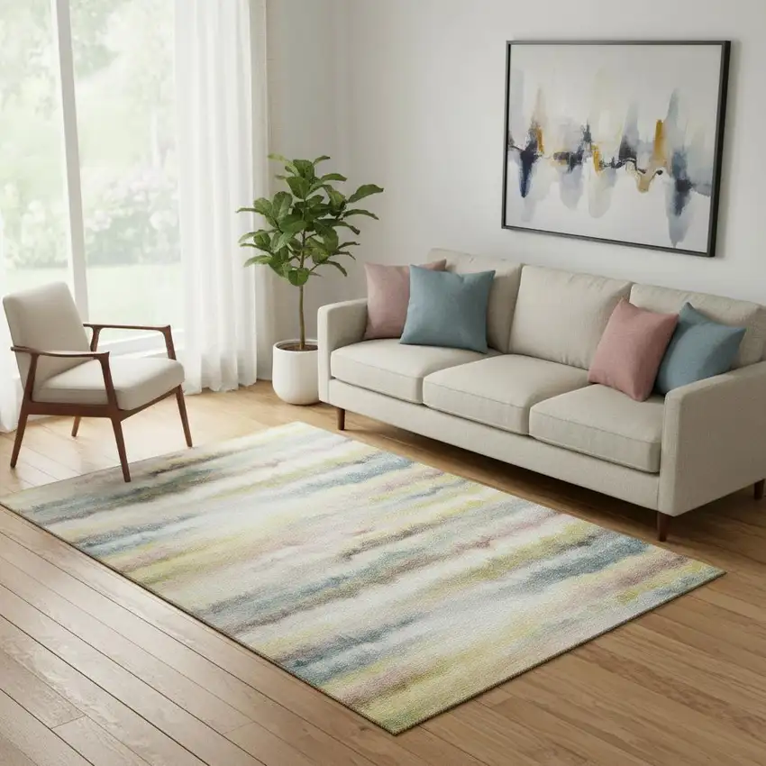 Gold And Ivory Striped Washable Area Rug With UV Protection Photo 2