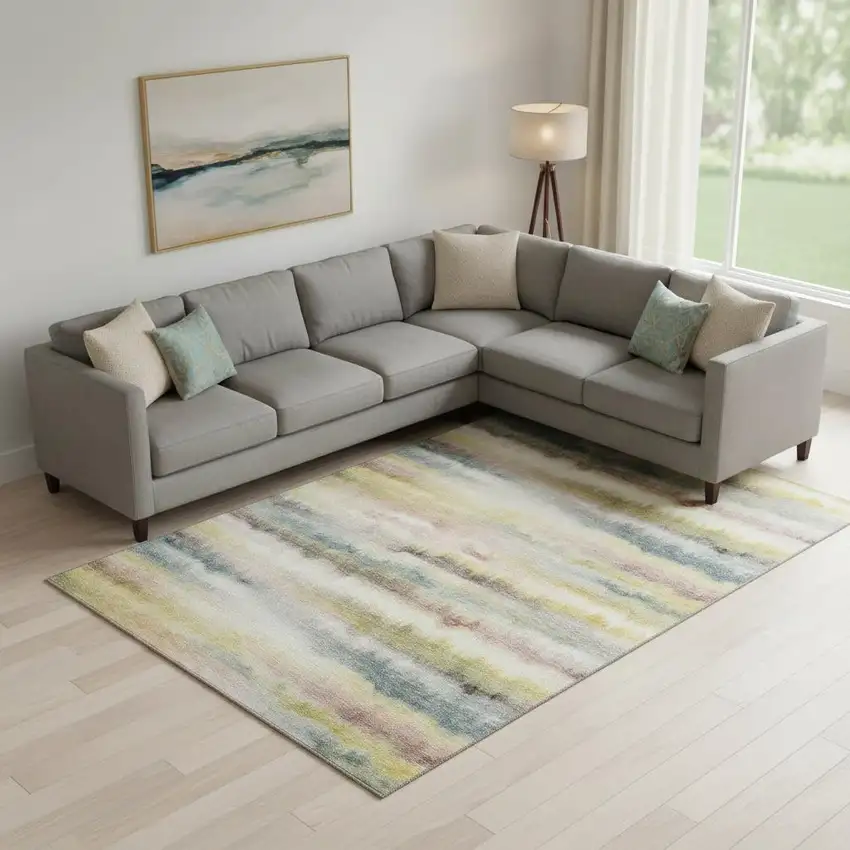 Gold And Ivory Striped Washable Area Rug With UV Protection Photo 2