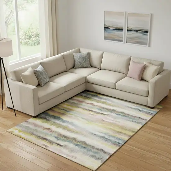 Gold And Ivory Striped Washable Area Rug With UV Protection Photo 2