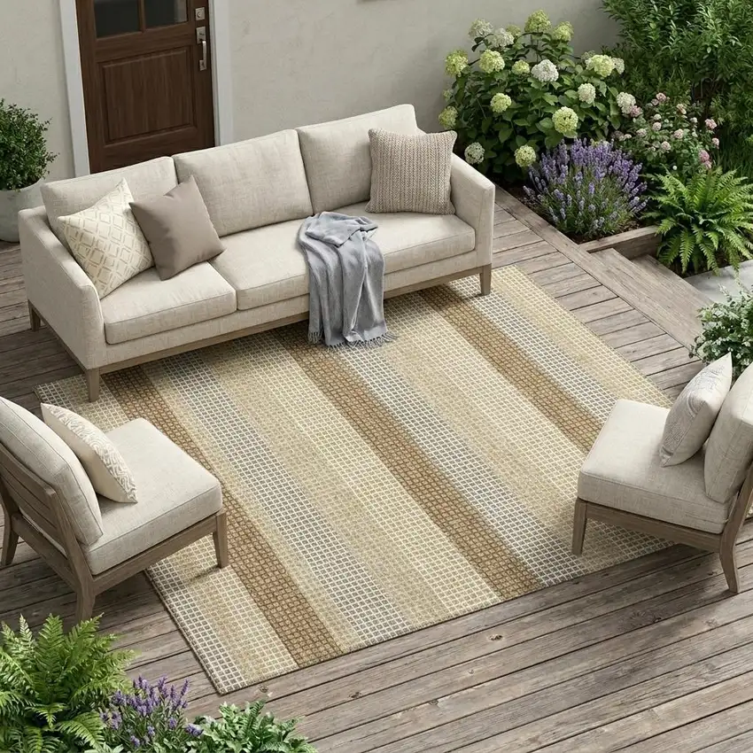Gold And Ivory Striped Washable Indoor Outdoor Area Rug Photo 1