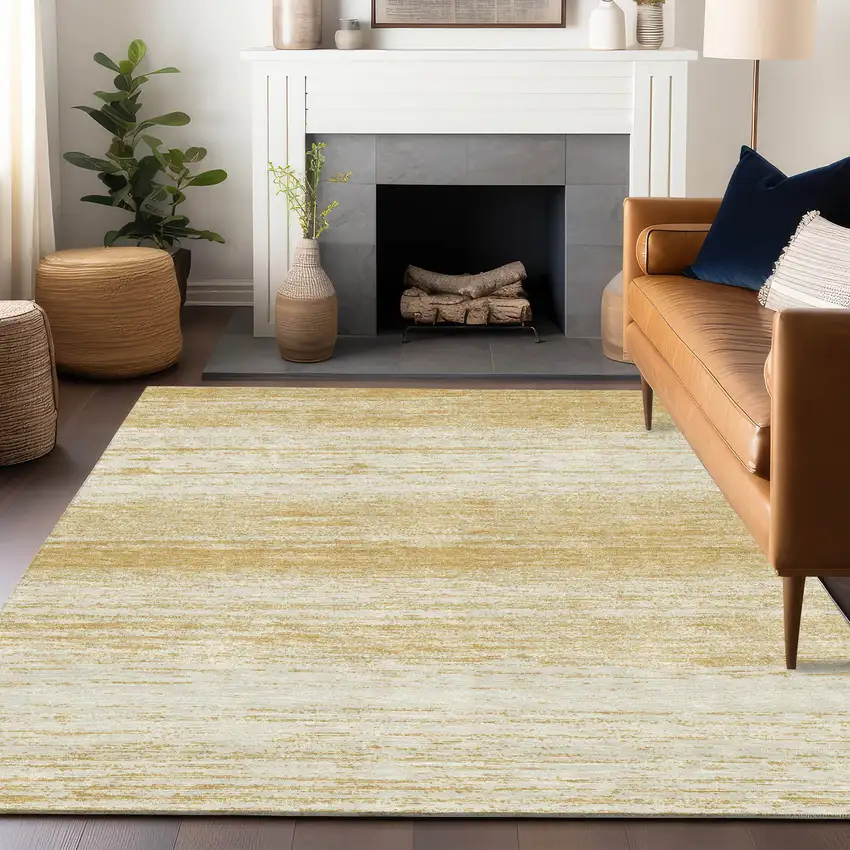 Gold And Ivory Striped Washable Indoor Outdoor Area Rug Photo 9