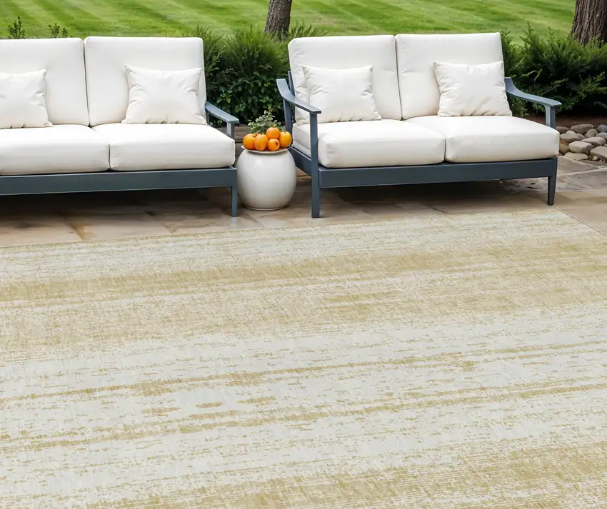 Gold And Ivory Striped Washable Indoor Outdoor Area Rug Photo 1