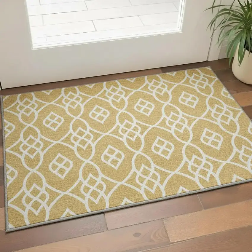 Gold And Ivory Trellis Washable Area Rug With UV Protection Photo 2