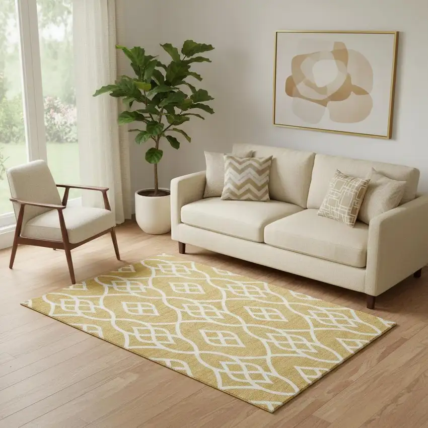 Gold And Ivory Trellis Washable Area Rug With UV Protection Photo 1